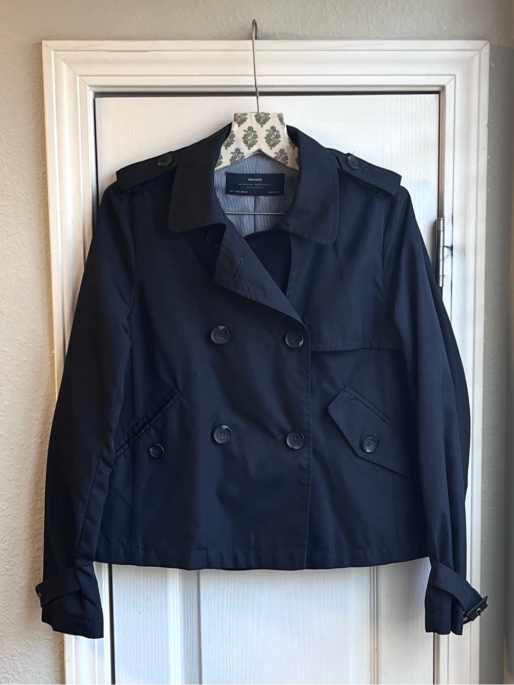 ZARA BASIC Black Cropped Double Breasted Trench Jacket Women’s Size S